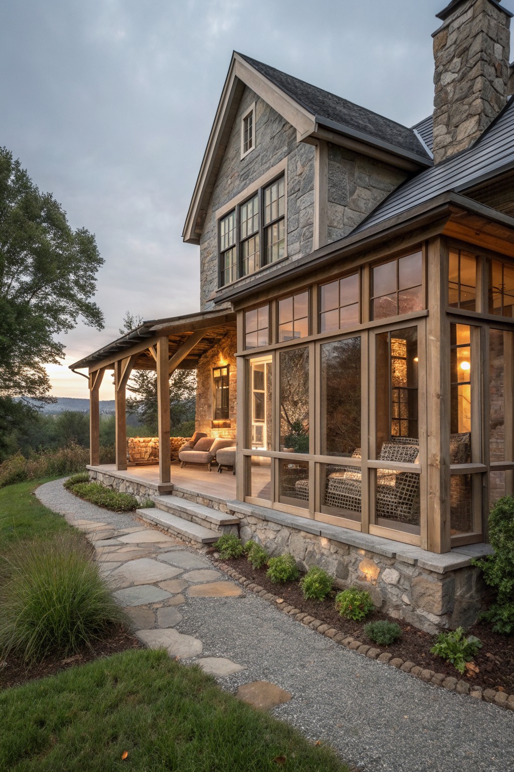 A stone farmhouse with wooden porch beams, large multi-pane windows, and a gravel path leading to the front steps.