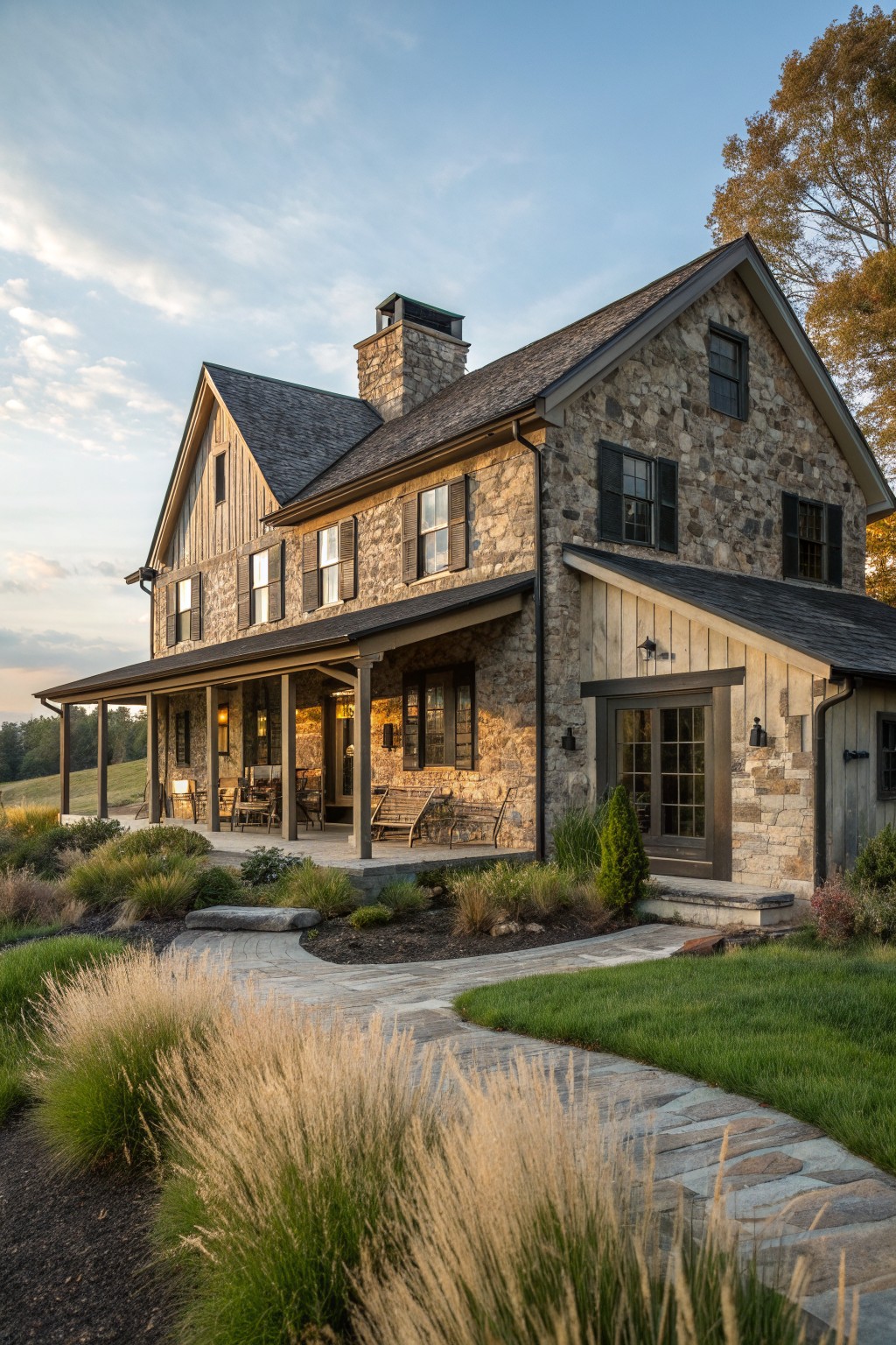 Rustic stone and wood farmhouse with porch, chimney, and stone path through grasses