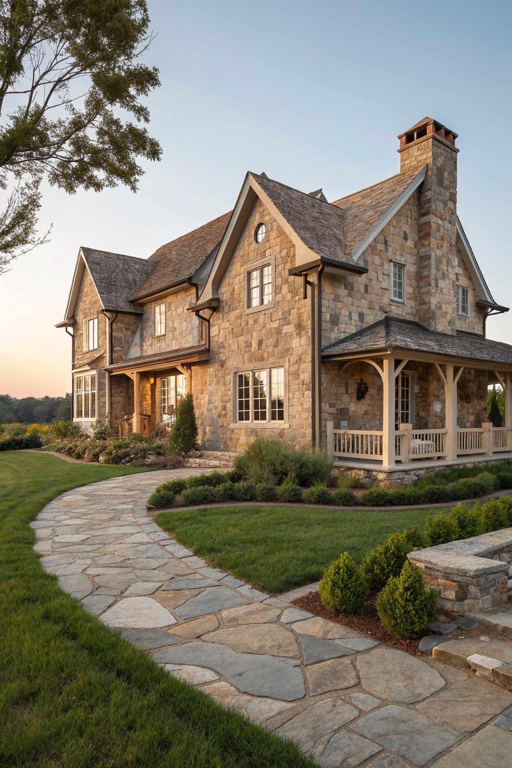 A large stone farmhouse exterior with varied tones, multiple gables, a chimney, and a covered porch beside a curved stone path.