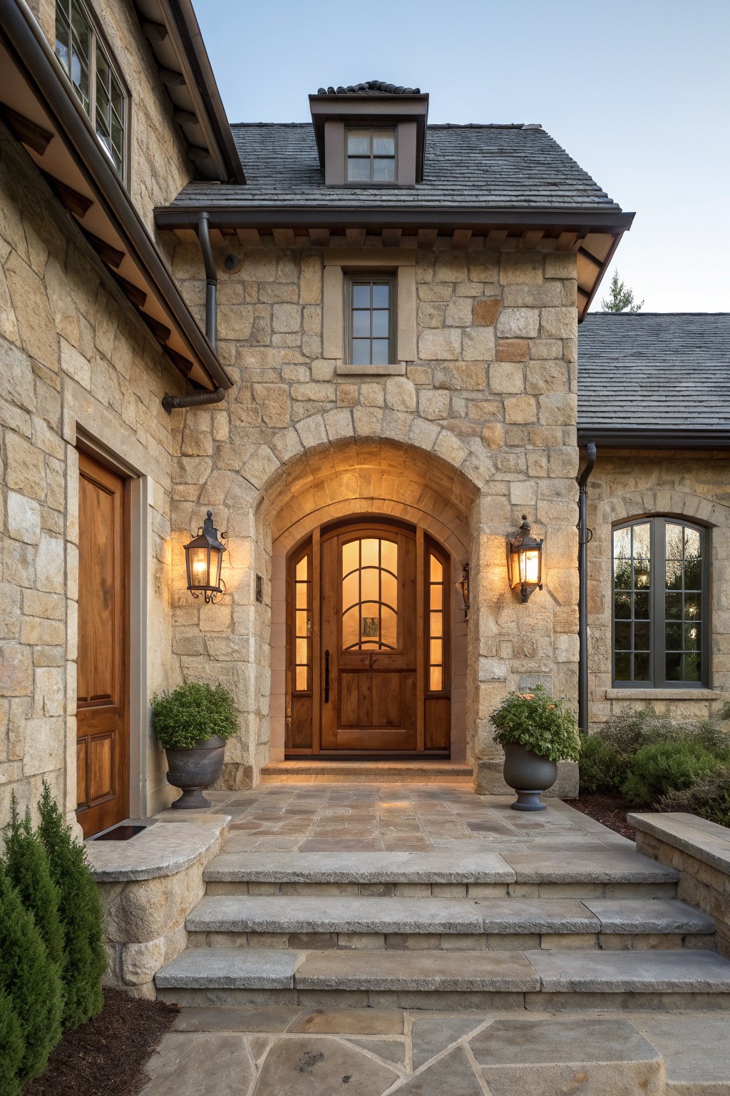 Stone farmhouse exterior with a central arched entryway made of matching stone, wooden front door, two wall lanterns, and stone steps leading to the entrance.