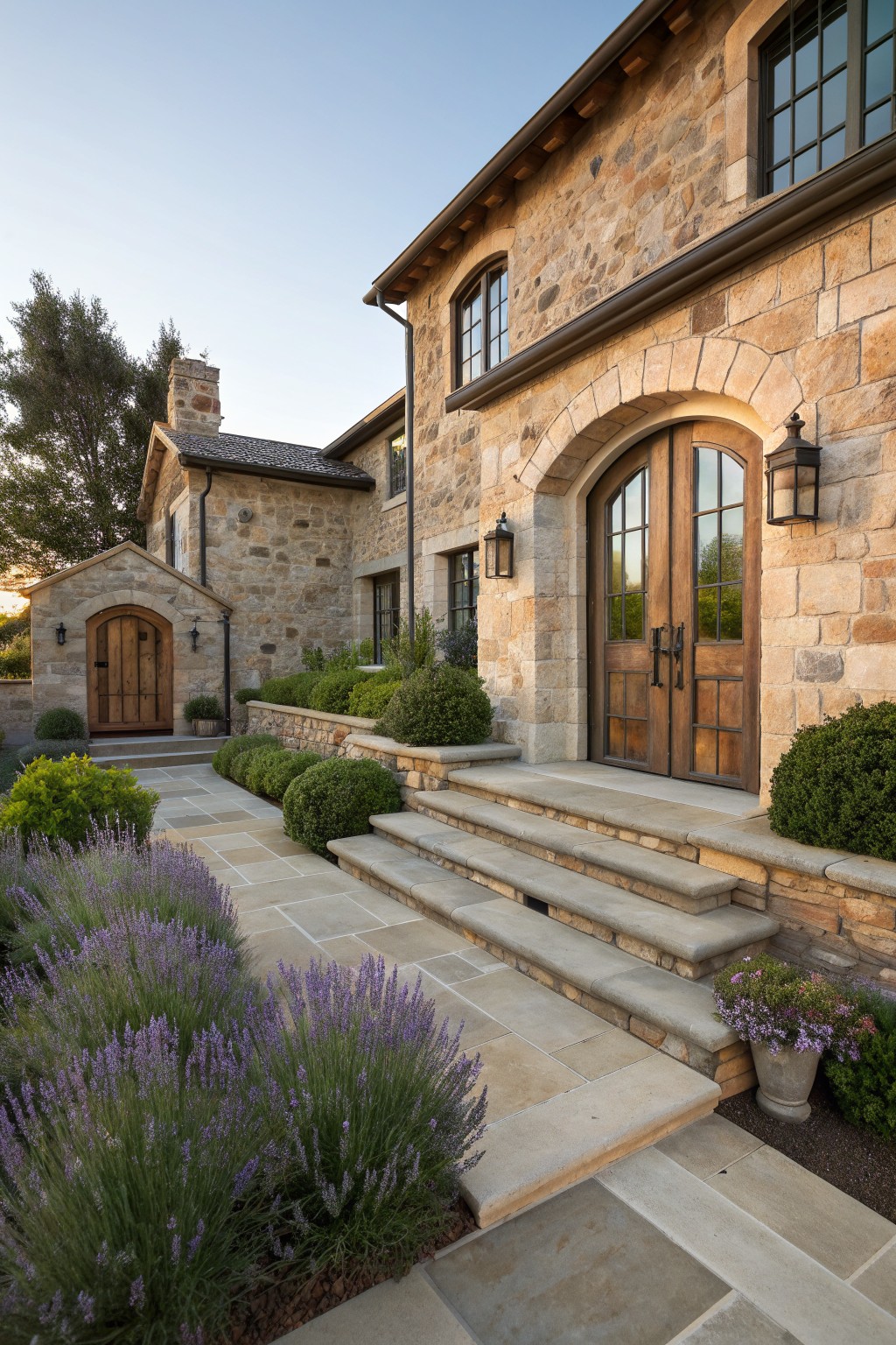 A stone farmhouse exterior with an arched wooden double door entry, stone steps, and landscaped front path.