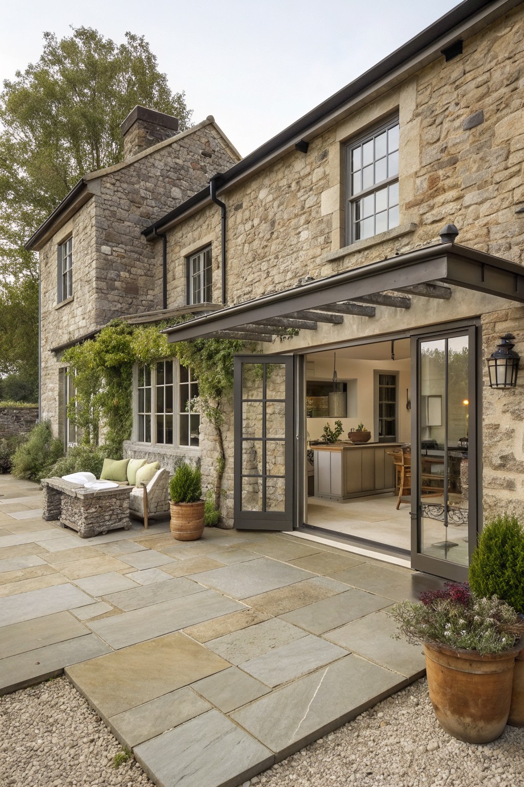 Stone house exterior with open doors revealing kitchen and stone patio seating