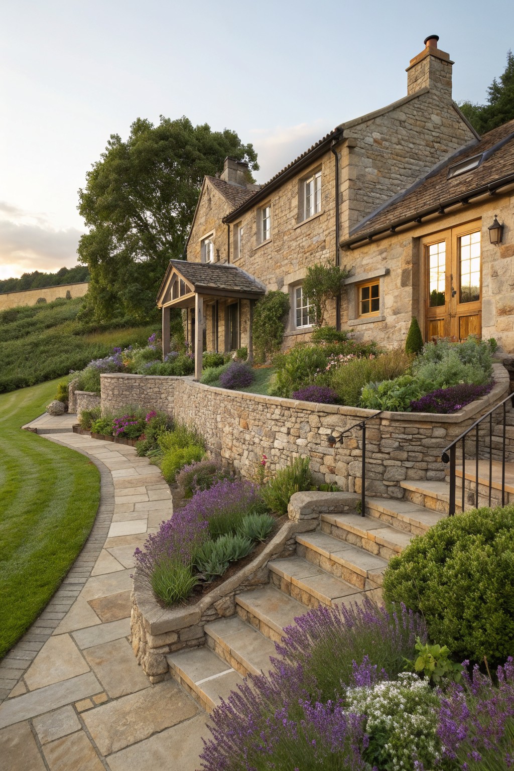 A stone farmhouse with matching stone retaining walls, steps, and a curved pathway bordered by layered garden beds.