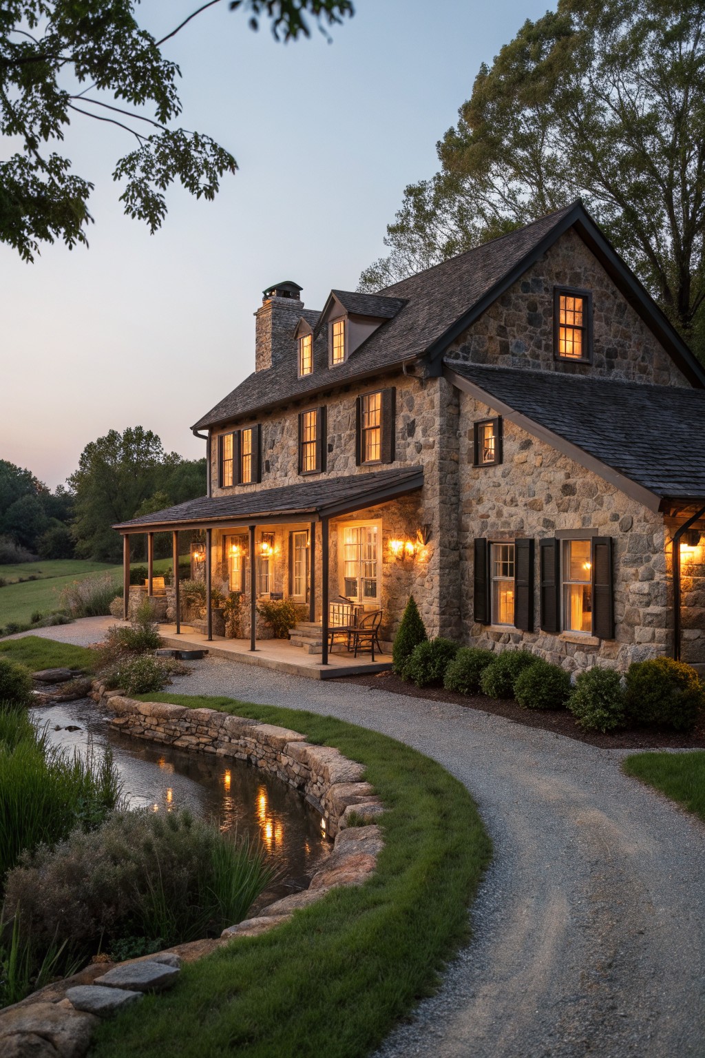 Stone house with glowing windows beside reflecting pond on gravel drive at dusk