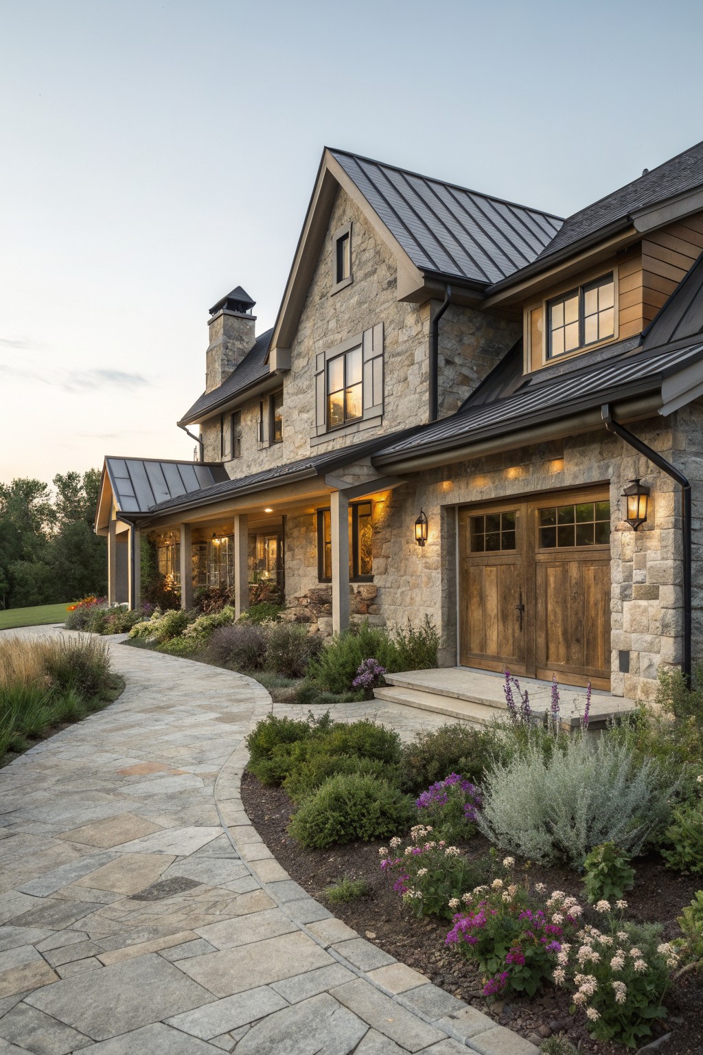 A large stone farmhouse exterior featuring wooden garage doors, a dark metal roof, and a curved stone pathway bordered by shrubs and flowers.
