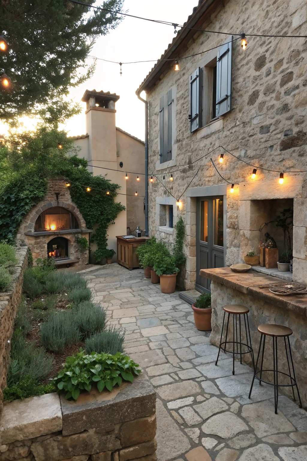 Stone farmhouse exterior with a paved courtyard, overhead string lights, outdoor oven, bar counter with stools, and potted plants.