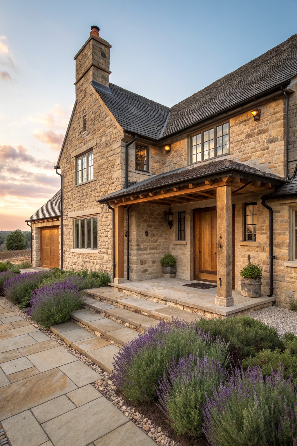 A stone farmhouse exterior featuring a covered entry porch with thick wooden support posts, stone steps, and a wooden front door.