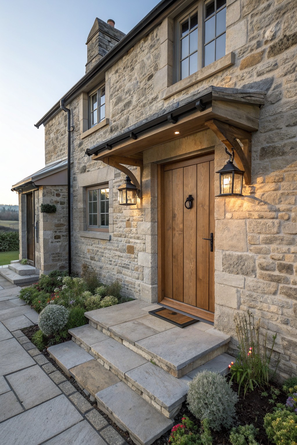 A stone house exterior featuring a wooden front door beneath a wooden canopy supported by brackets, with two lit lanterns mounted on the stone wall beside the door and stone steps leading up to the entrance.
