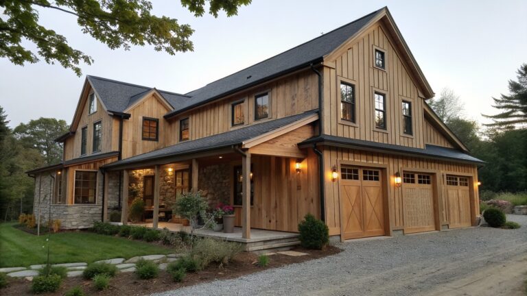 20 Natural Wood Farmhouse Exterior Ideas for Warm Rustic Facades A two-story farmhouse with natural wood siding, a stone foundation, a covered porch, and a wooden garage door on a gravel driveway.
