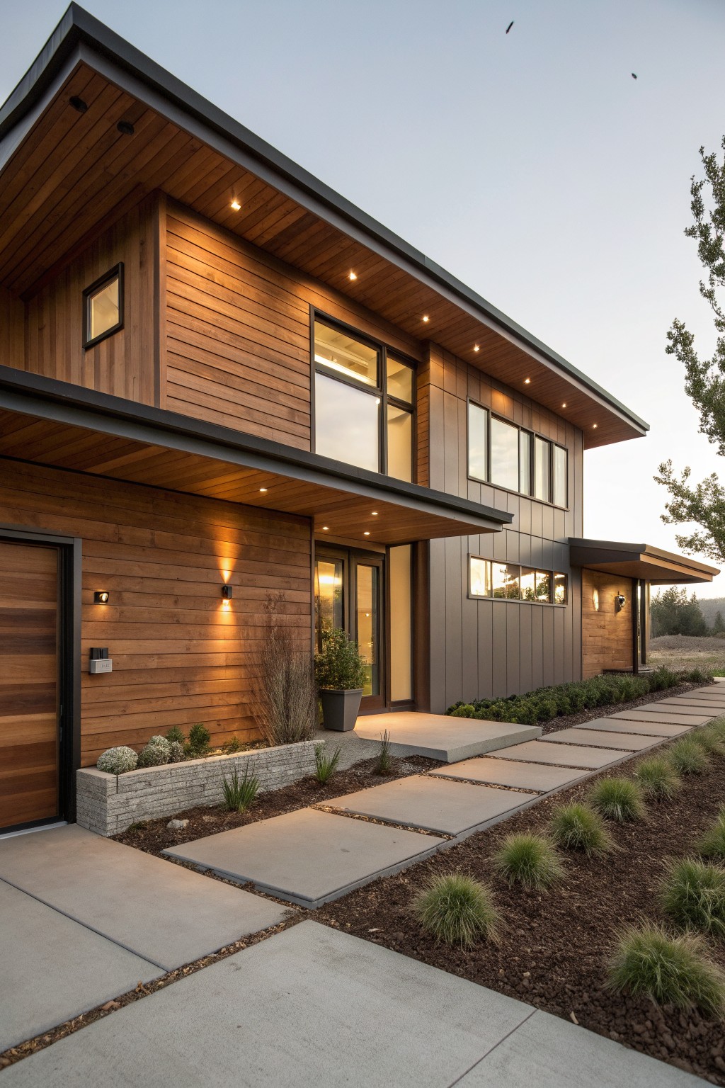 Modern farmhouse exterior with horizontal natural wood siding, large windows, dark trim, and a concrete walkway at dusk.