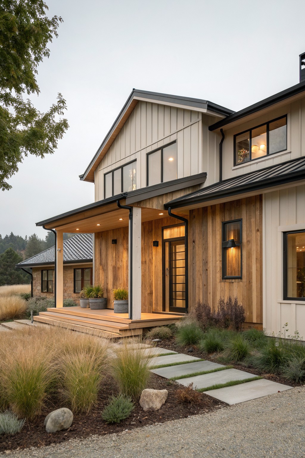 Modern two-story home with beige siding, wooden porch, and stone pathway at dusk.