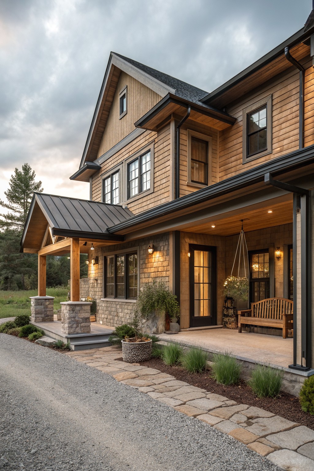 A two-story farmhouse exterior featuring natural wood siding, stone accents on the lower walls and porch supports, a covered entry with a wooden bench, and a stone pathway along the front.