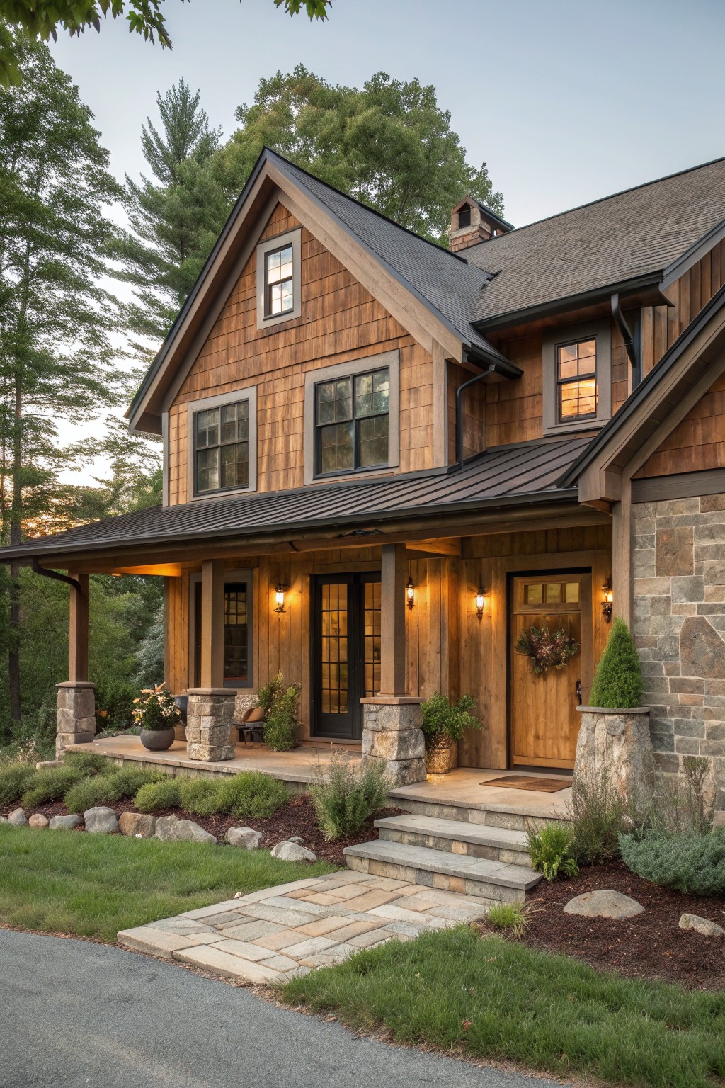 Rustic wooden house with stone pillars, lit porch, and stone pathway at dusk.