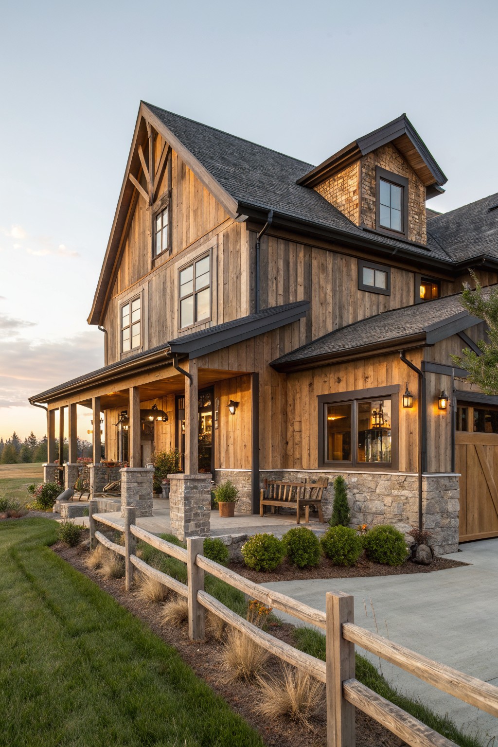 A two-story wooden farmhouse with stone accents, a covered porch, gabled rooflines, and a wooden fence along the front.
