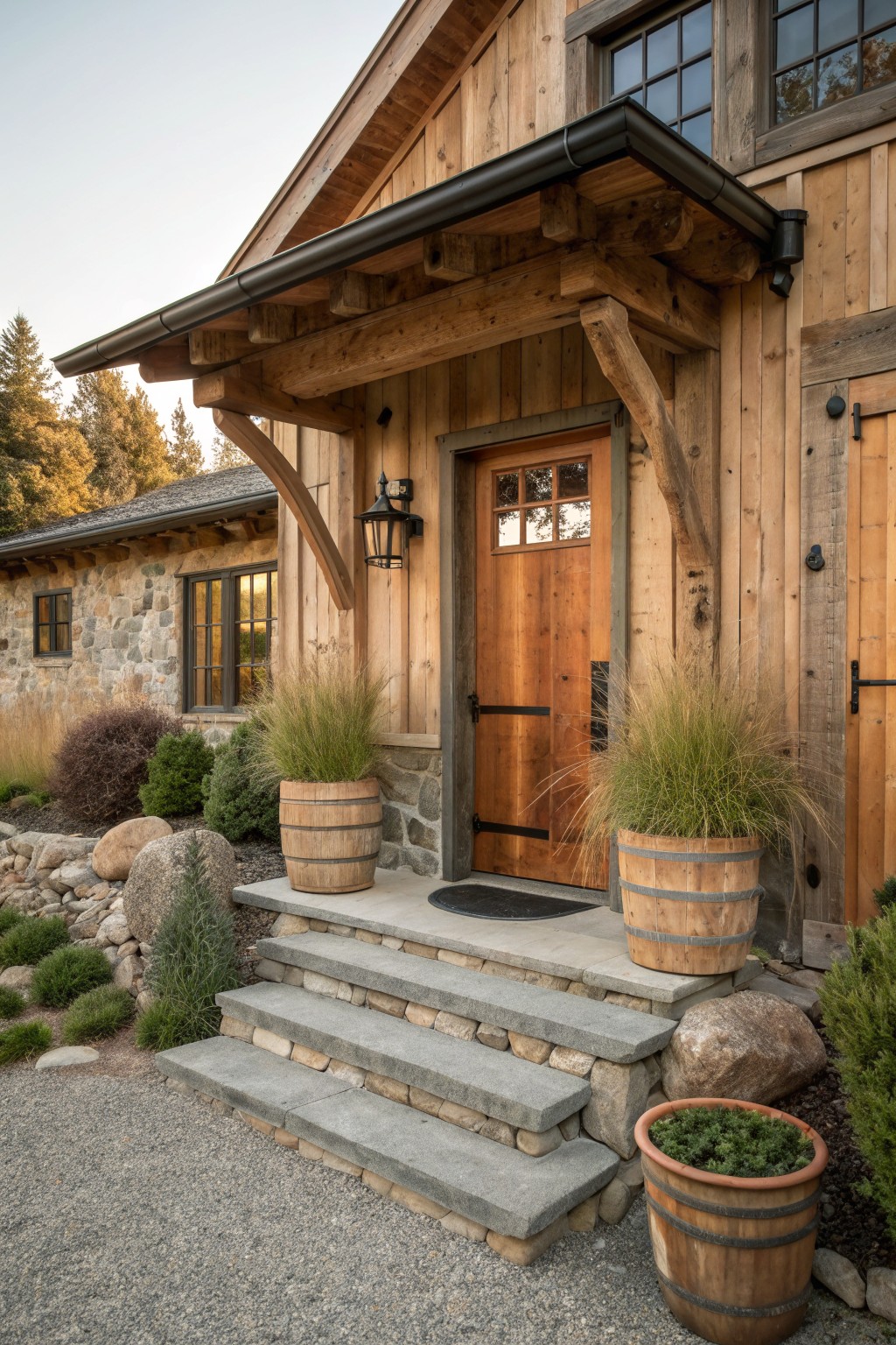 A wooden farmhouse front entrance with a brown door, exposed timber beams supporting an overhang, and wooden barrel planters beside stone steps.