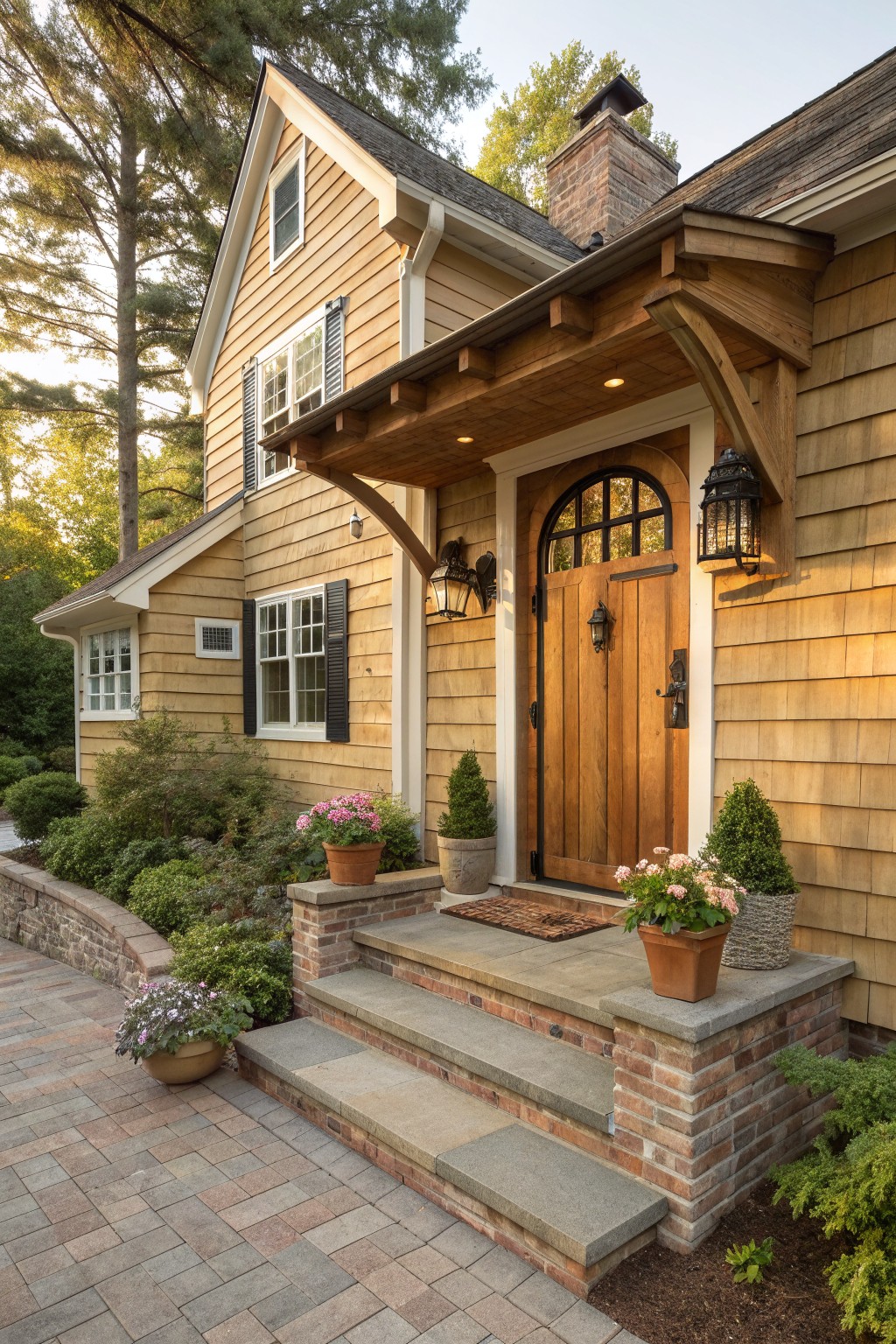 A light wood farmhouse exterior with a prominent natural wood front door under an arched top, wooden porch overhang, brick steps, and potted plants along the walkway.