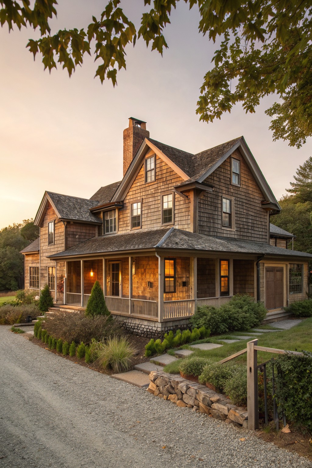 A two-story wooden shingle farmhouse with multiple gables, a covered porch, and a stone foundation.