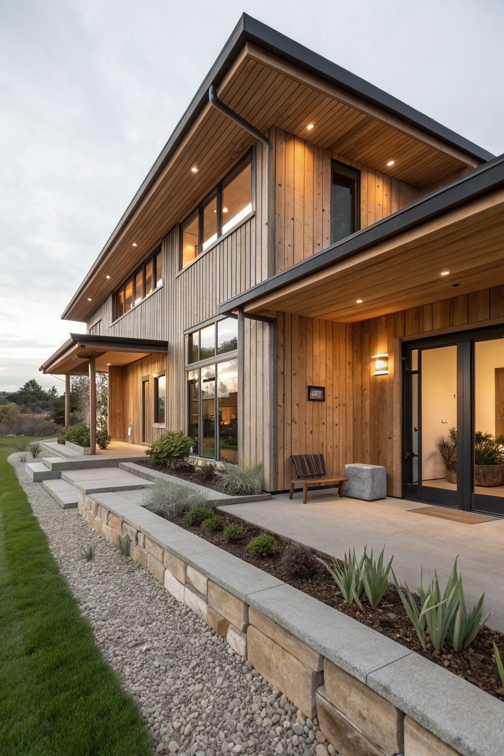 A two-story modern farmhouse with light natural wood siding, black window frames, and a covered concrete entry area.