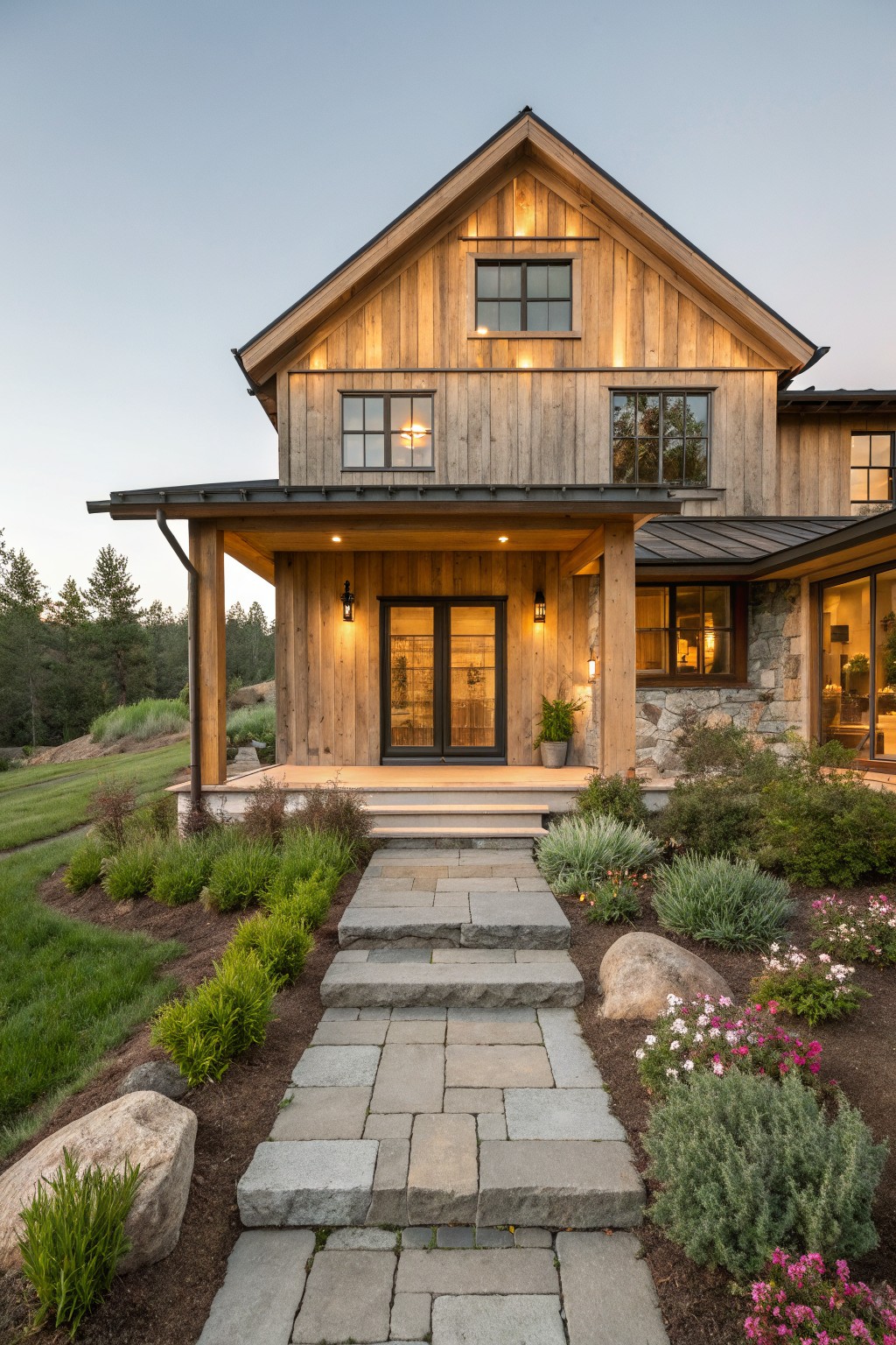 A two-story wooden farmhouse with vertical siding on the gable, a covered porch, stone accents, and a stone path leading through landscaped beds.