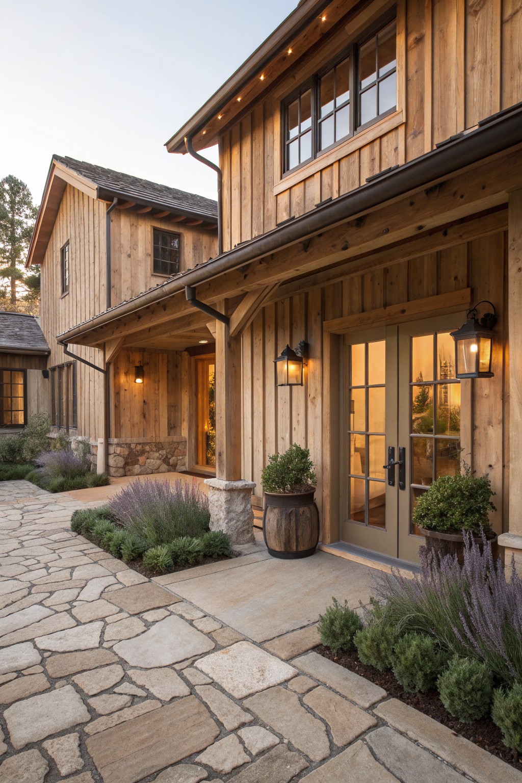 A two-story wooden house exterior featuring vertical natural wood siding, a stone foundation, double entry doors with lanterns, and a stone pathway with potted plants.
