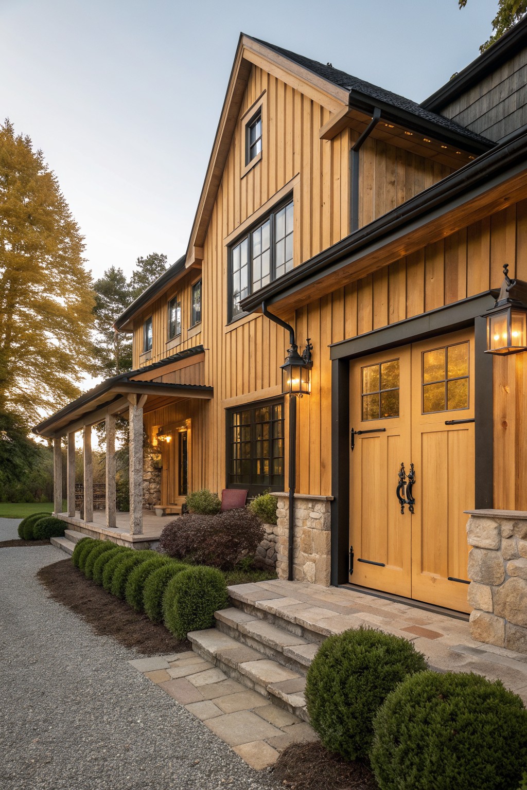 Two-story farmhouse exterior with vertical natural wood siding, black trim, double wooden entry doors, stone accents, and a gravel driveway.