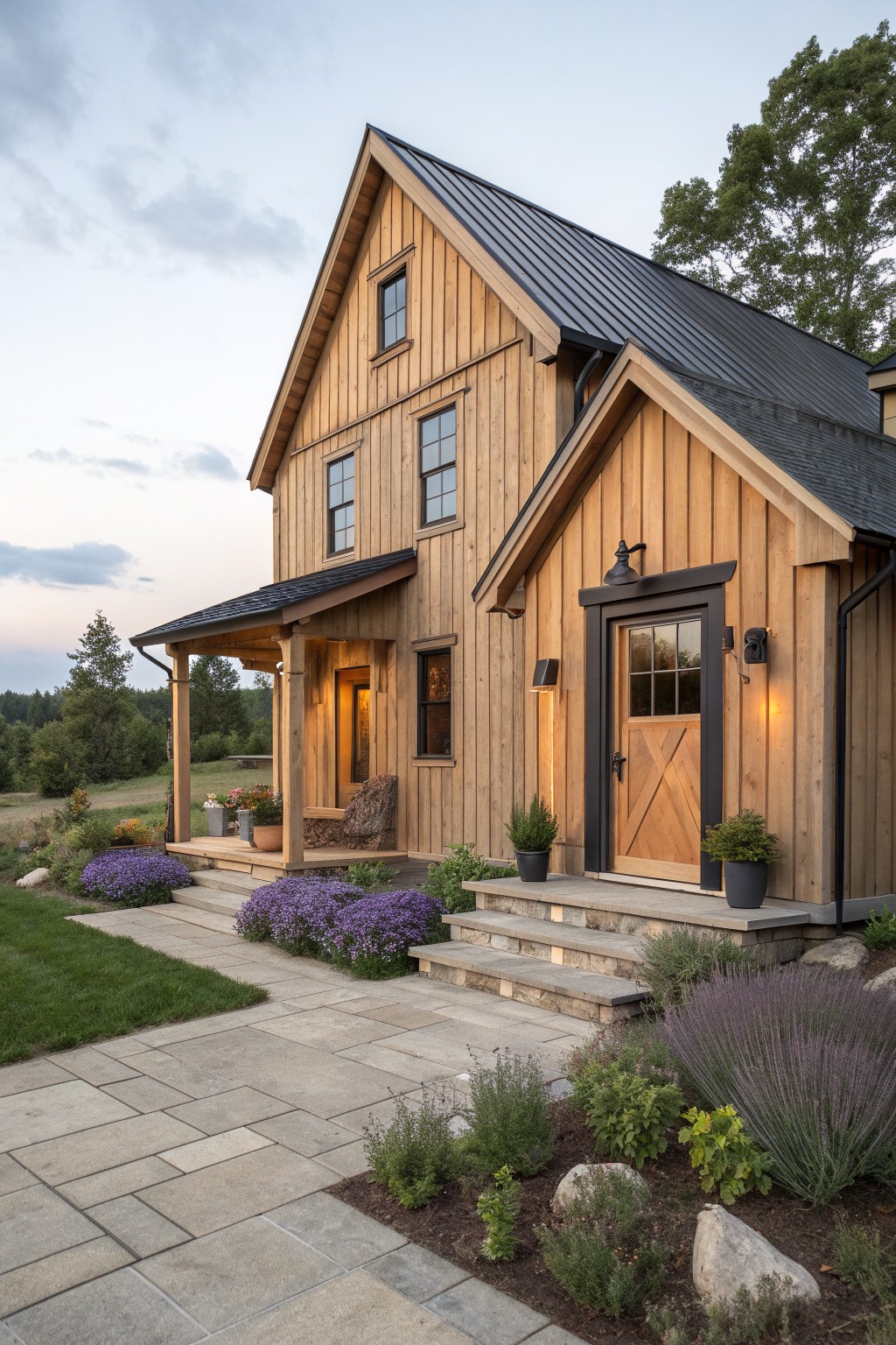 A two-story wooden farmhouse with vertical natural wood siding, black metal roof, black-framed door and windows, and a small front porch with stone steps.