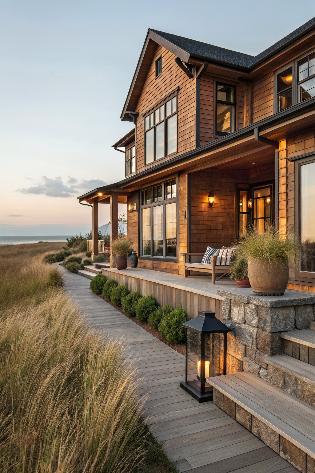 A two-story wooden house with horizontal siding, a covered porch, stone steps, and a wooden deck beside tall grasses near the ocean.