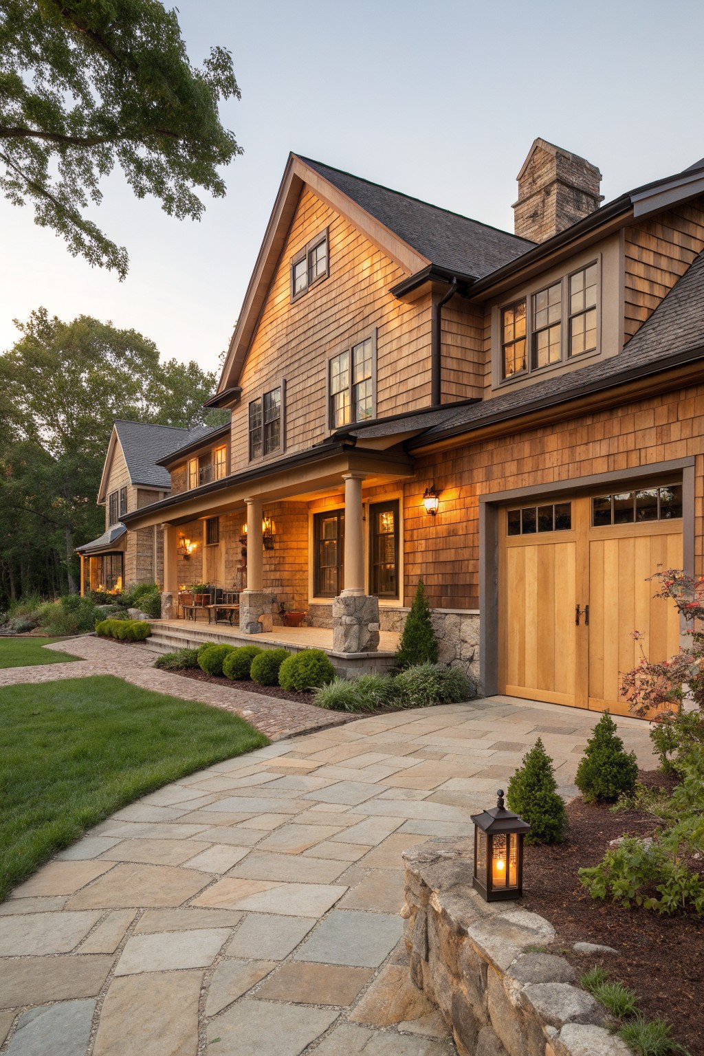 A two-story farmhouse exterior with natural wood shingle and horizontal siding, stone foundation and columns, and a stone-paved driveway.