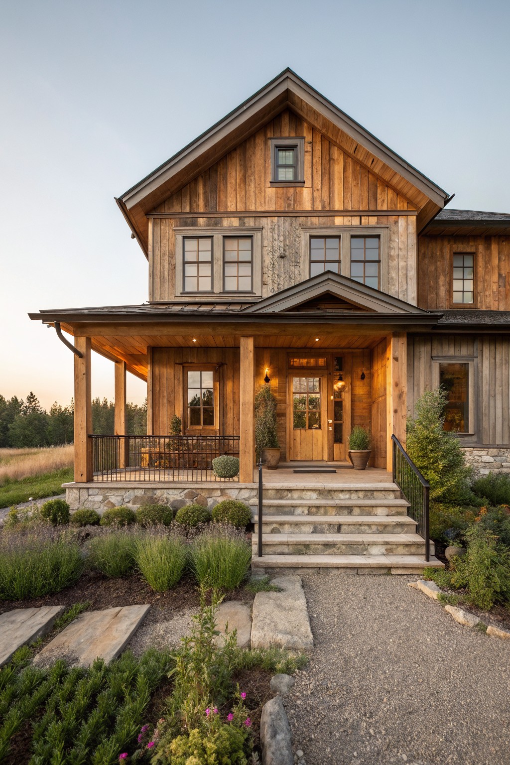 A two-story wooden farmhouse with mixed natural wood siding, a covered front porch, and stone steps leading to the entrance.