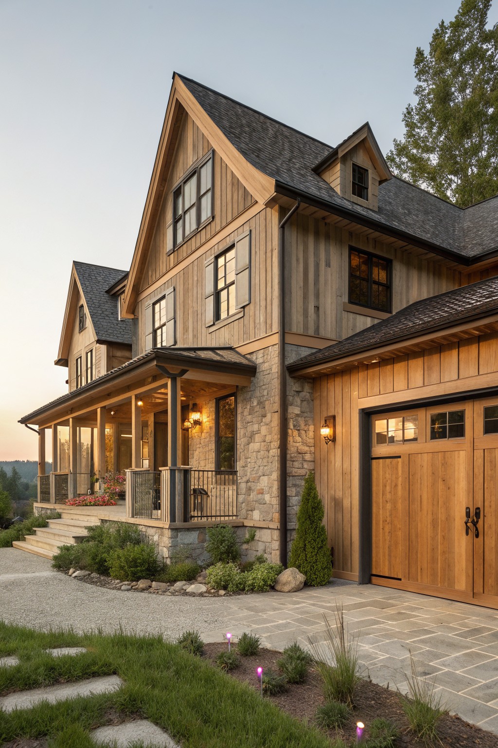 A two-story farmhouse with natural wood siding, a stone foundation, a covered porch, and a wooden garage door on a gravel driveway.