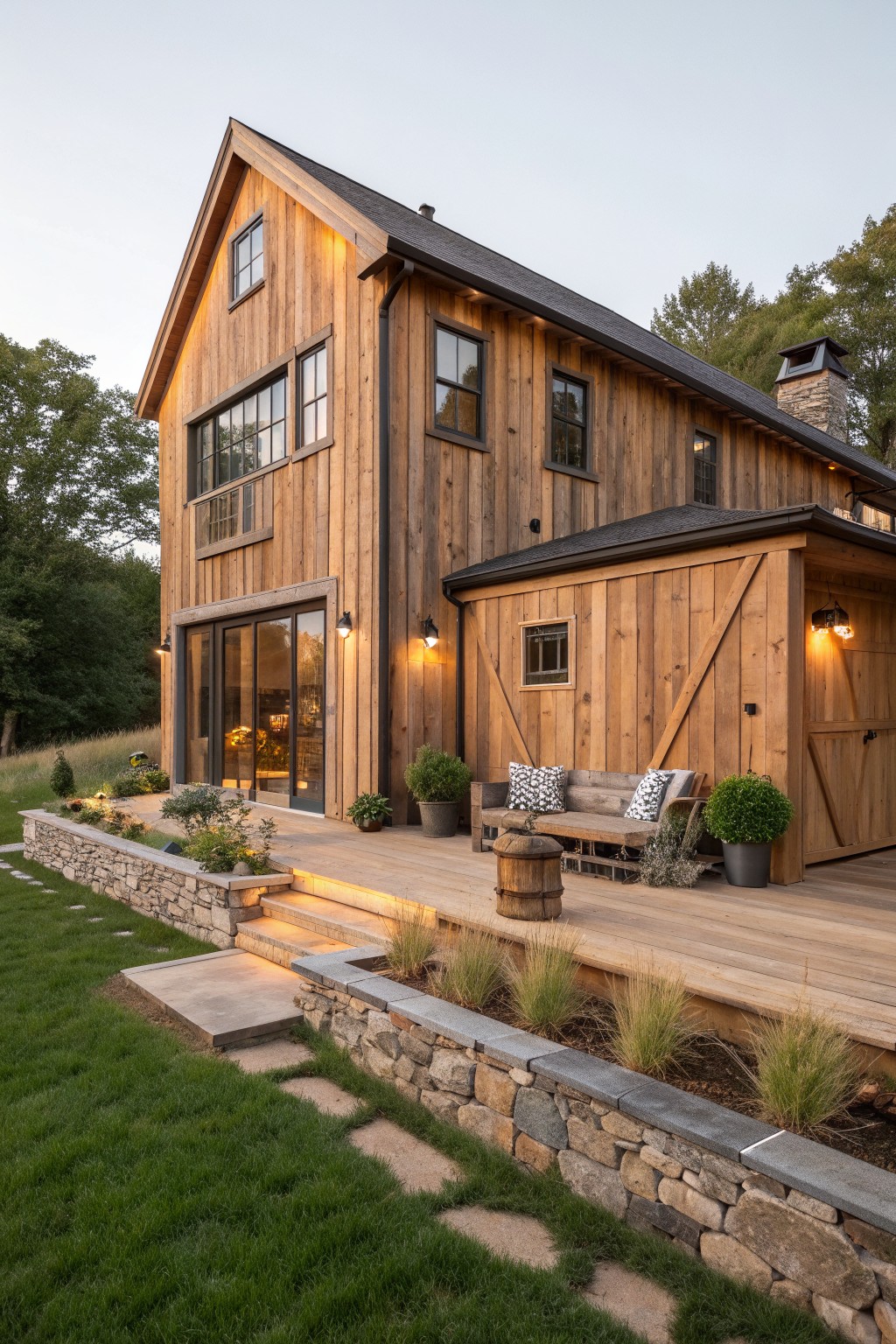 A two-story wooden farmhouse with vertical natural wood siding, multiple windows, a large front deck with seating, and stone retaining walls with landscaping.