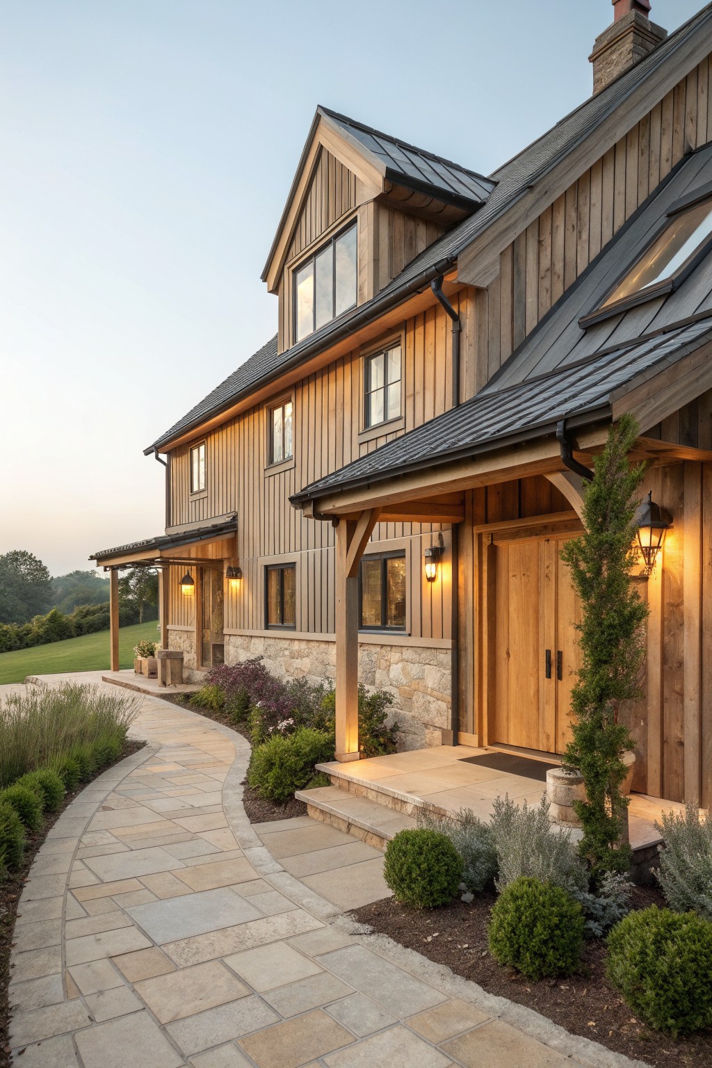 Rustic wooden house with stone base, gabled roof, and curved stone pathway at dusk
