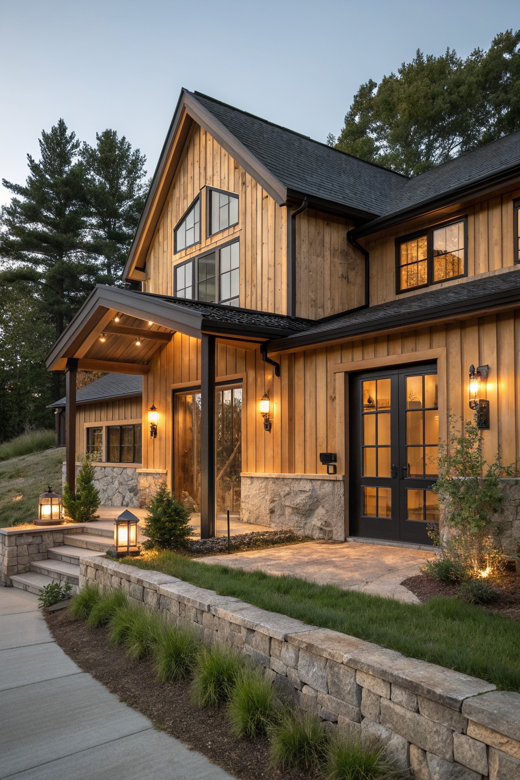 A two-story wood farmhouse exterior with horizontal siding, stone foundation, black-framed doors and windows, and a covered entry porch.