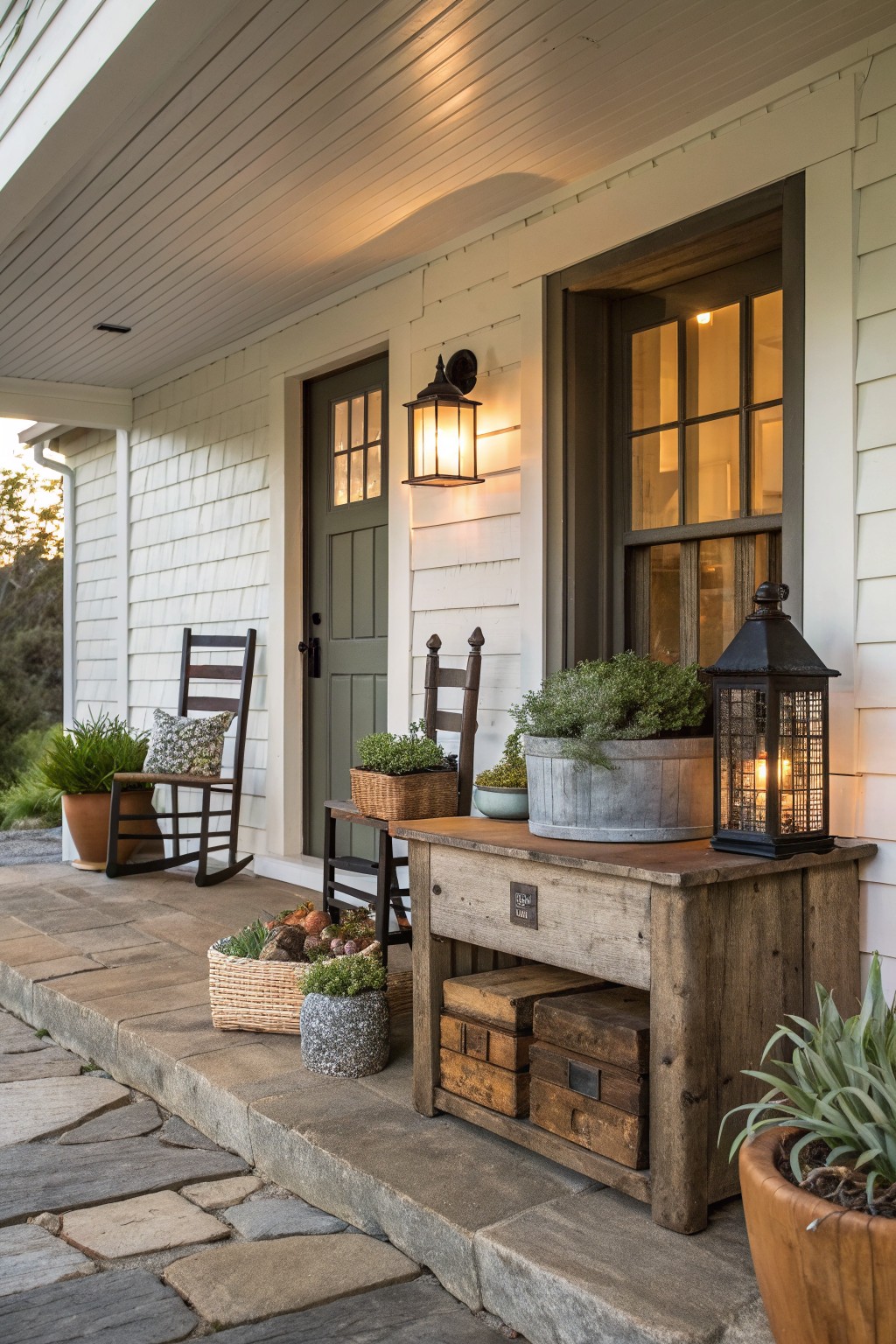 A rustic wooden console table on a farmhouse porch holds potted plants and a lit lantern, with wooden crates stored underneath beside a green door.