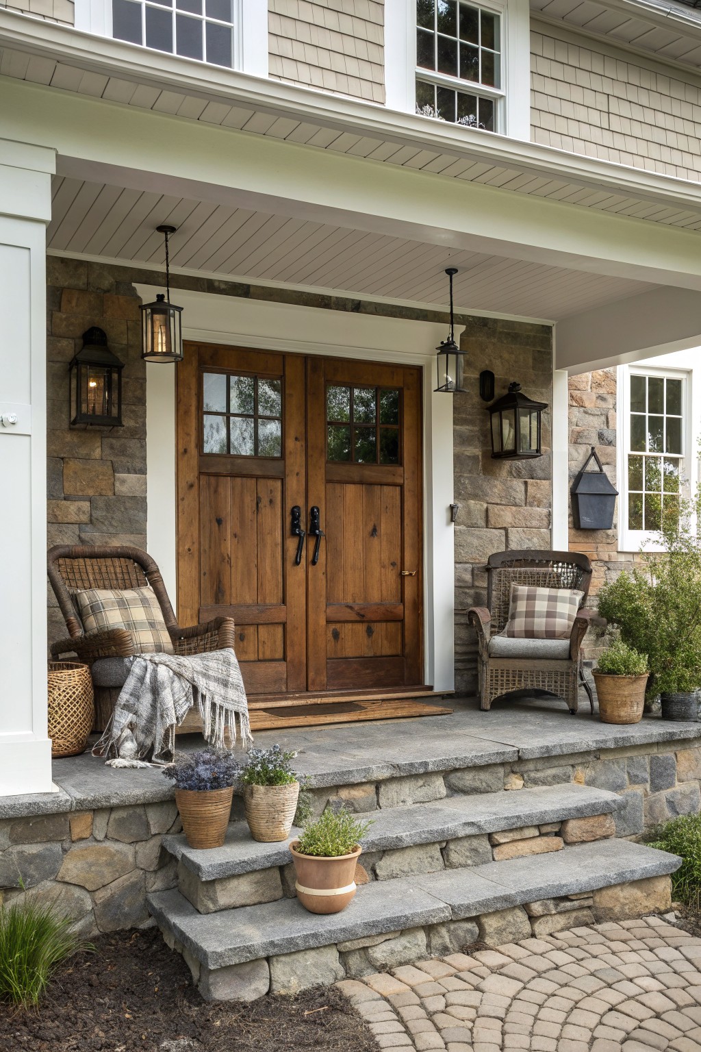 A stone front porch with double wooden doors, two wicker chairs with plaid cushions on either side, hanging lanterns, and potted plants on the steps.