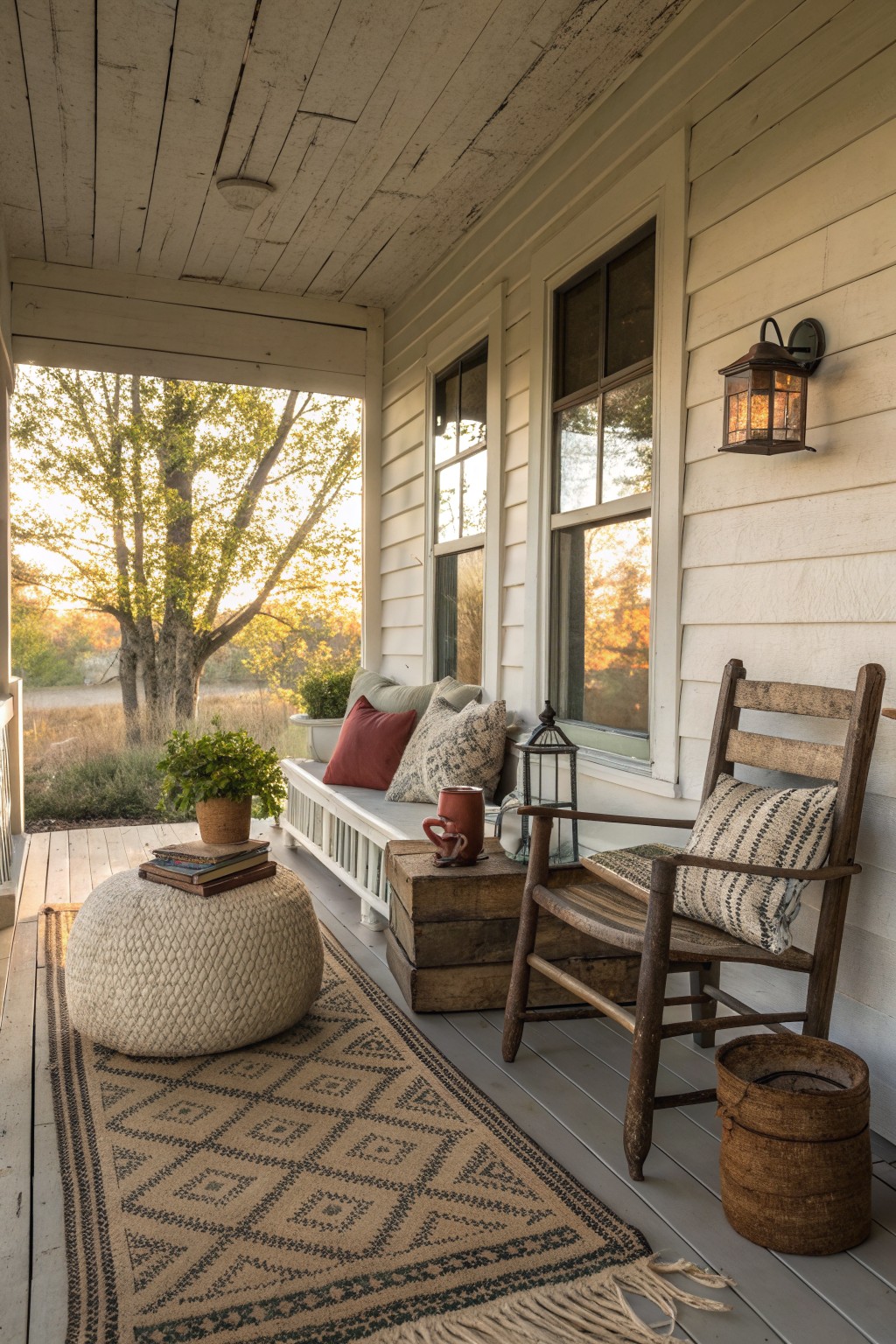 Rustic porch with rocking chair, woven pouf, patterned rug, pillows, and lantern.