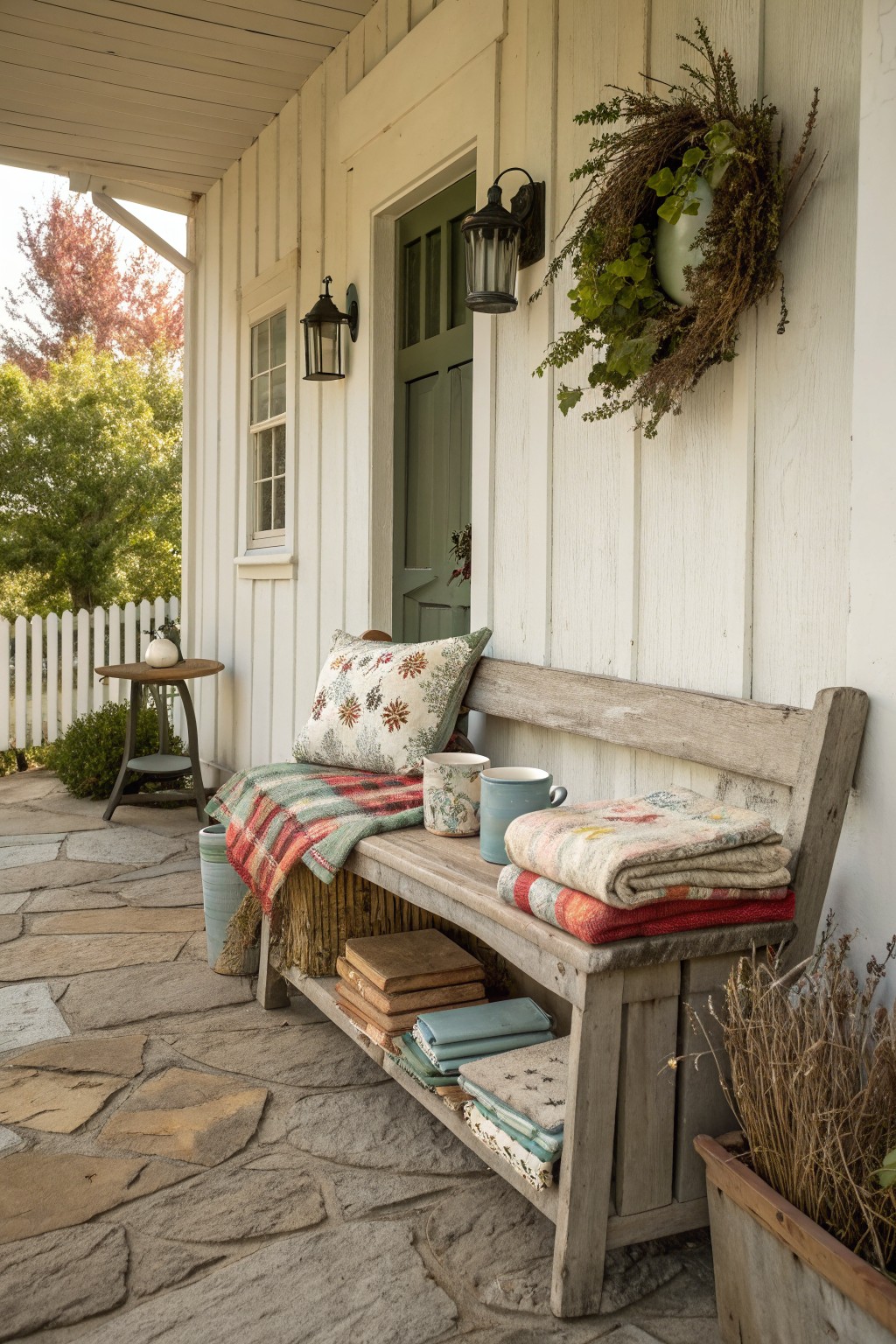 A weathered wooden bench sits on a stone porch in front of a white house, holding folded blankets, pillows, and mugs with open storage space underneath.