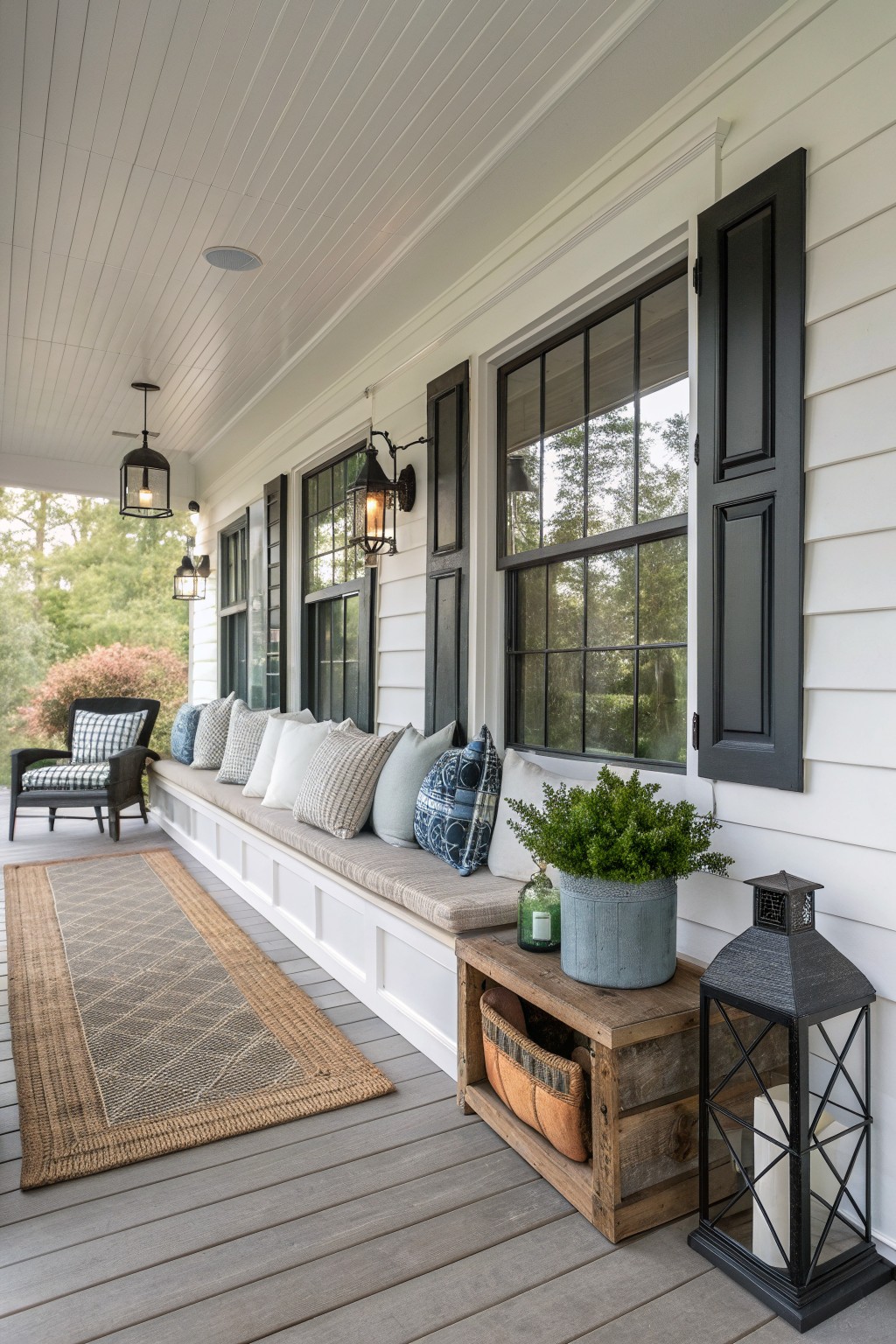 A rustic front porch with white siding and black shutters shows a long built-in bench with cushions beneath the windows, a wooden storage bench with a potted plant, and a large floor lantern.