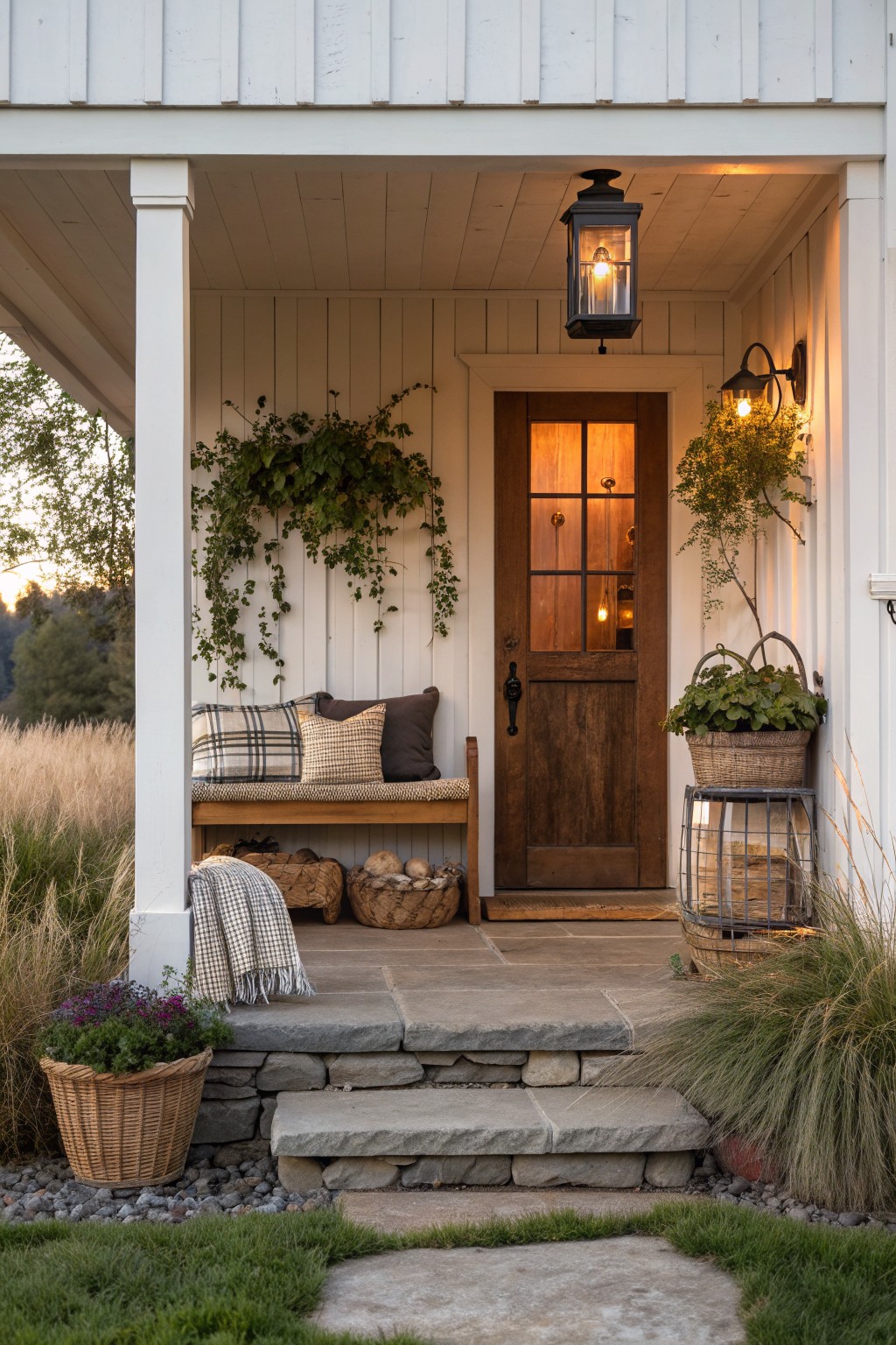A rustic farmhouse front porch with a wooden built-in bench, pillows, baskets underneath, a wooden door, and potted plants on stone steps.