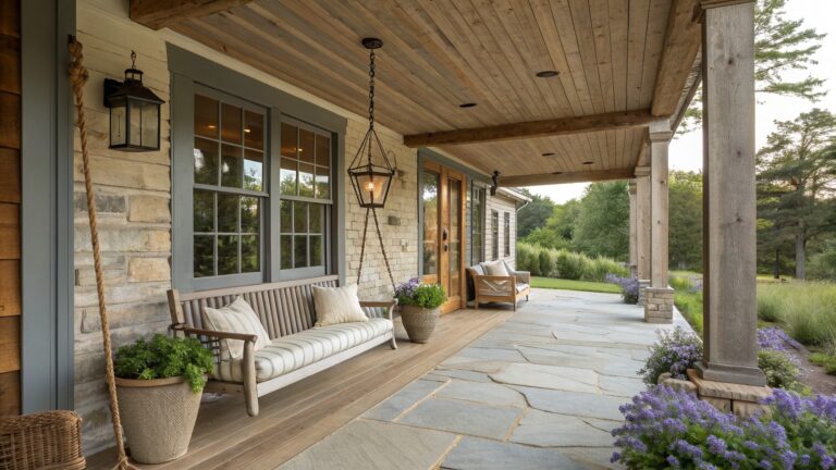 11 Practical Rustic Farmhouse Front Porch Ideas for Everyday Outdoor Use A rustic farmhouse front porch with wooden flooring, stone steps, a hanging rope swing, a wooden sofa with cushions, a striped armchair, a wall lantern, and a potted plant with purple flowers.