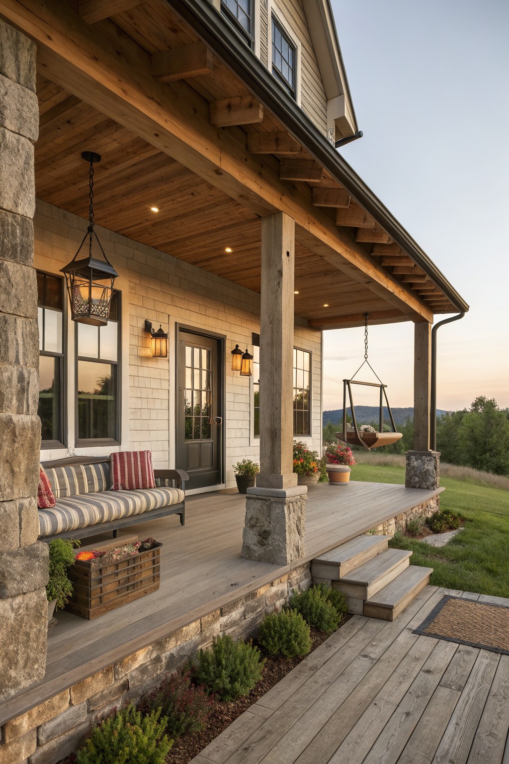 A rustic farmhouse front porch with a hanging wooden swing, built-in bench, stone pillars, and wooden deck at dusk.