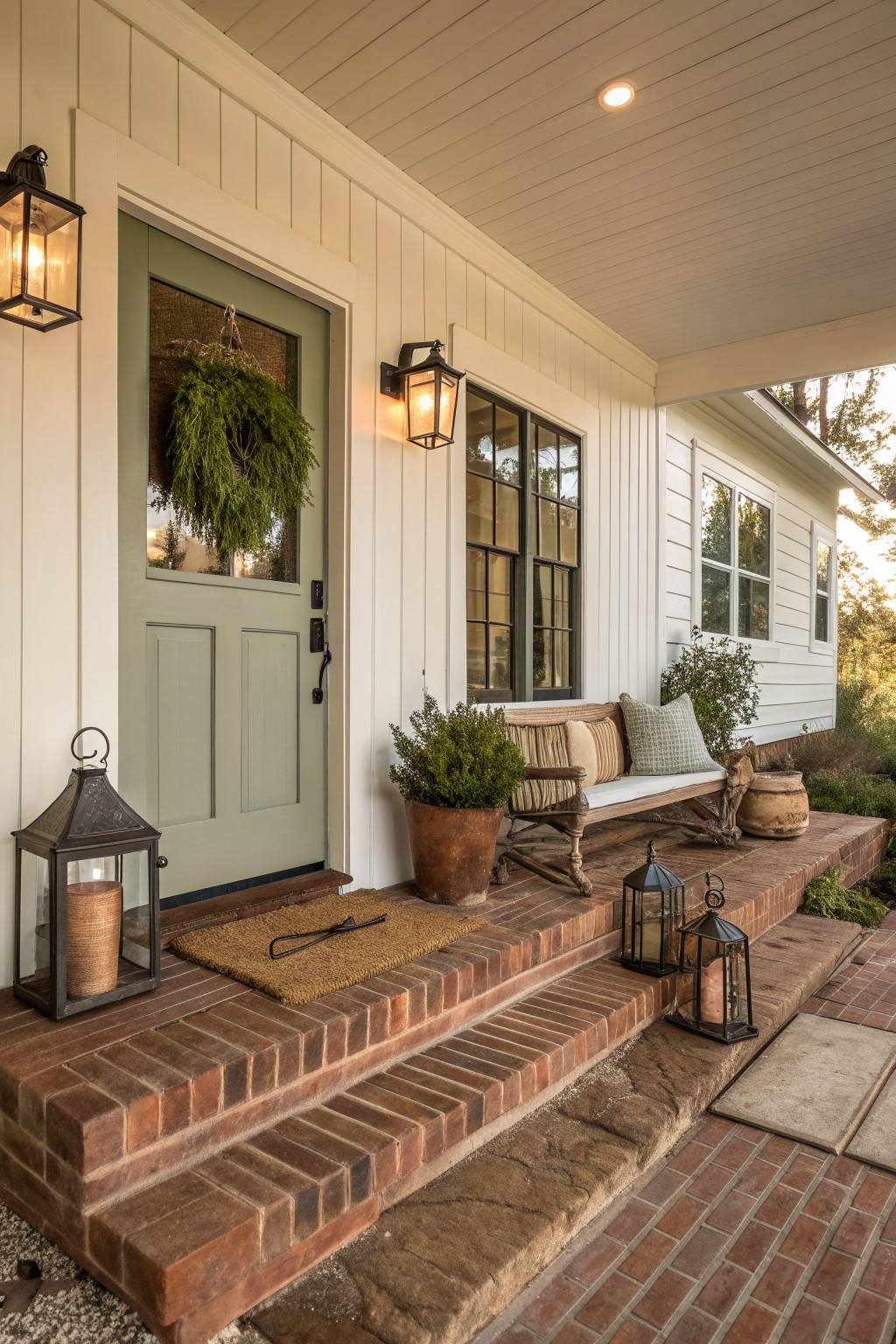 A front porch with a sage green door, wooden bench, potted plants, and black metal lanterns arranged on brick steps.