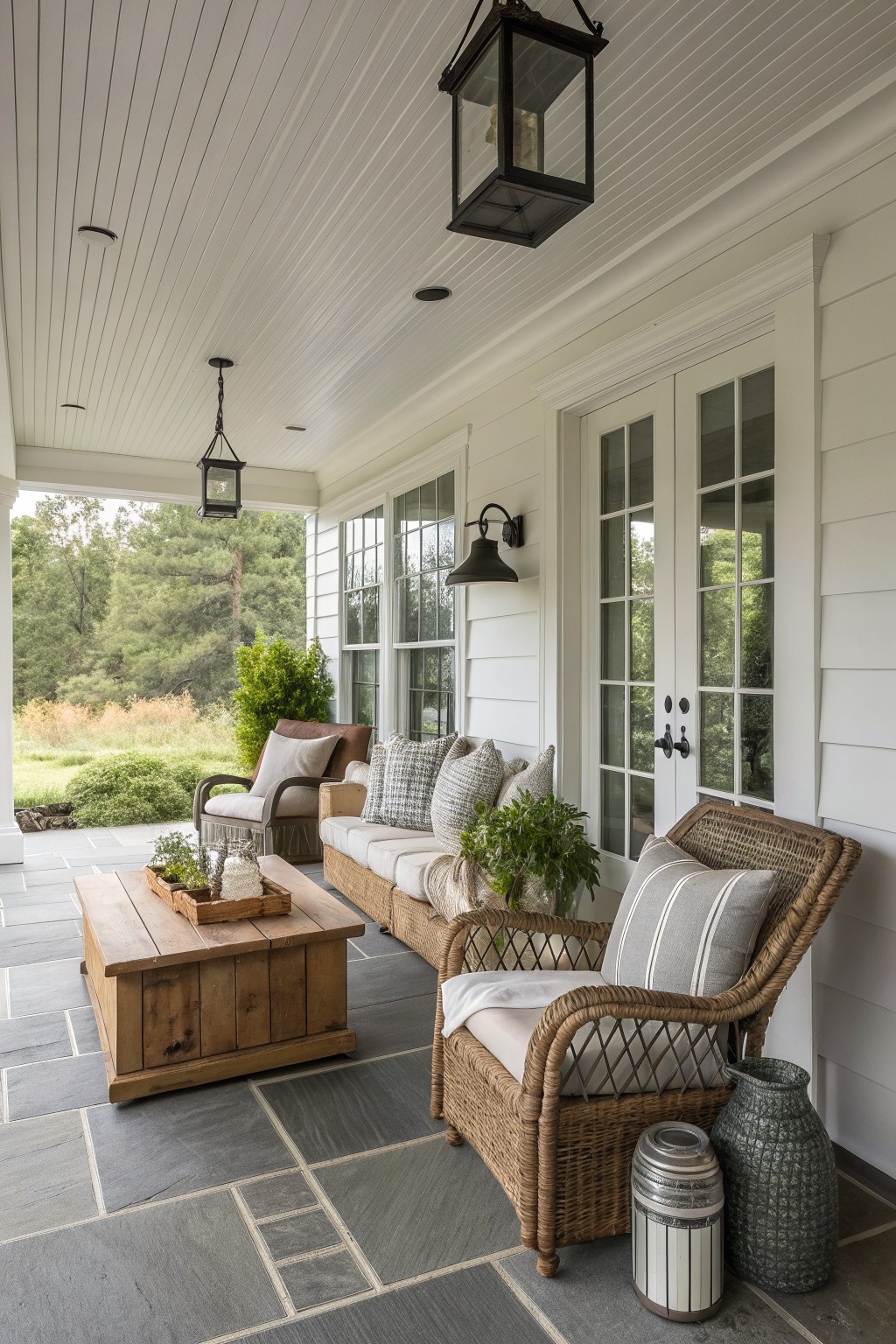 A front porch with two wicker armchairs, a wooden coffee table, and a cushioned sofa arranged on gray stone tiles next to white double doors.