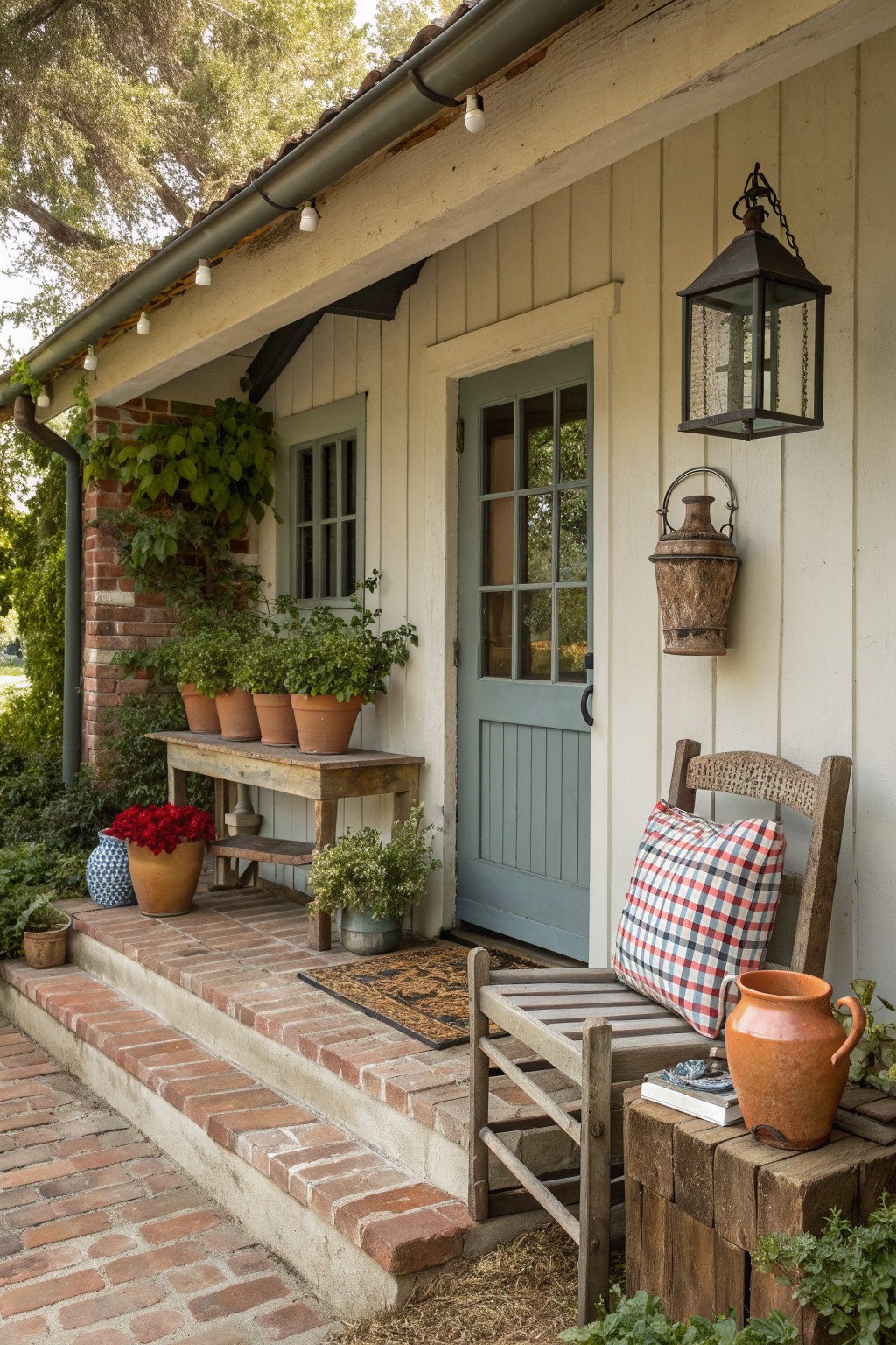 Rustic porch with light blue door, wooden chair, lantern, and potted plants.