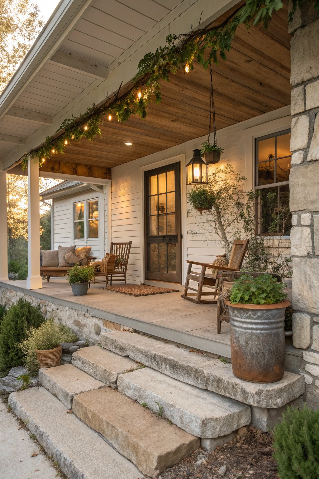 A rustic front porch with white siding, wooden ceiling, string lights mixed with greenery, two rocking chairs, potted plants, and stone steps leading up to a glass door.