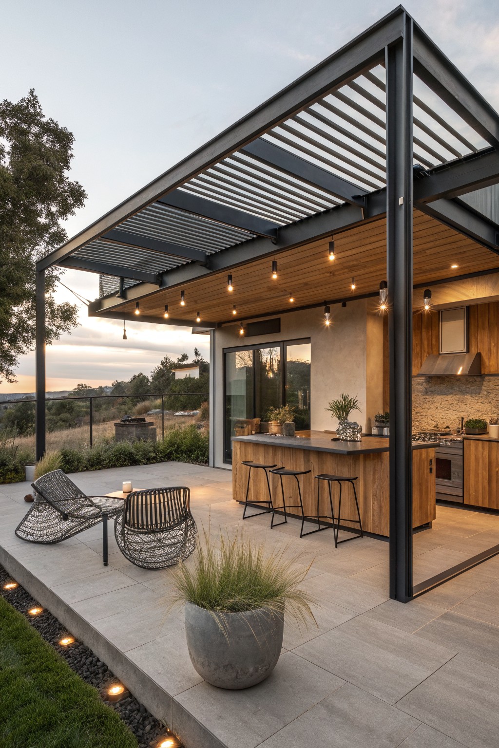 A modern outdoor kitchen and bar under a black metal pergola with wood ceiling, three stools, and seating on a concrete patio overlooking hills at dusk.