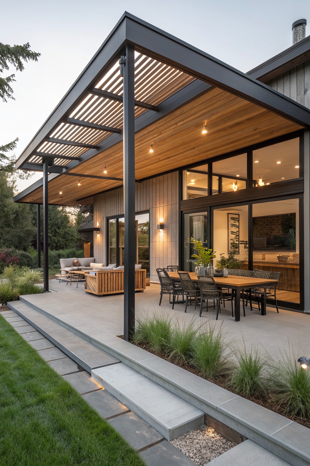 Modern house exterior with a large covered patio featuring black metal beams, wood ceiling panels, an outdoor dining table with chairs, and adjacent seating area on a concrete surface with surrounding plants.