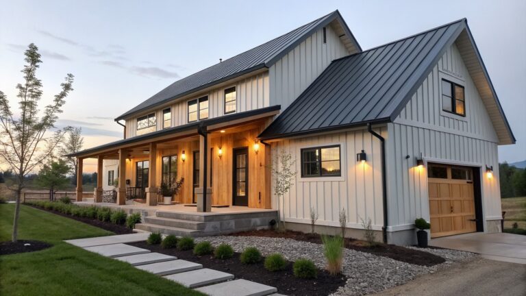 White farmhouse exterior with dark metal roof, wood porch posts, and covered entry with double doors.