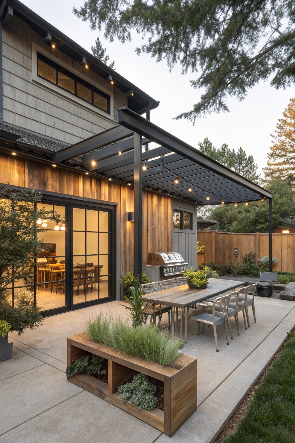 A backyard patio with a long wooden dining table and metal chairs under a black metal pergola attached to a wood-sided house, with a built-in grill nearby.