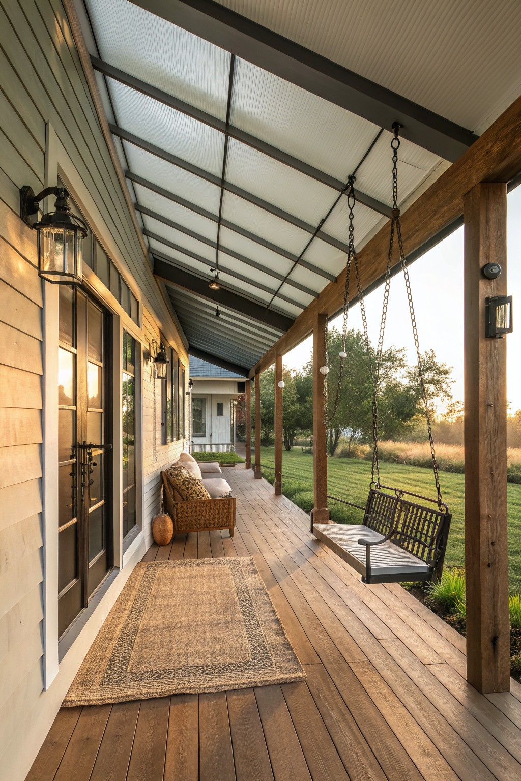 A covered wooden porch with a metal roof, hanging bench swing on chains, rug, and seating area beside a house with siding and a door.